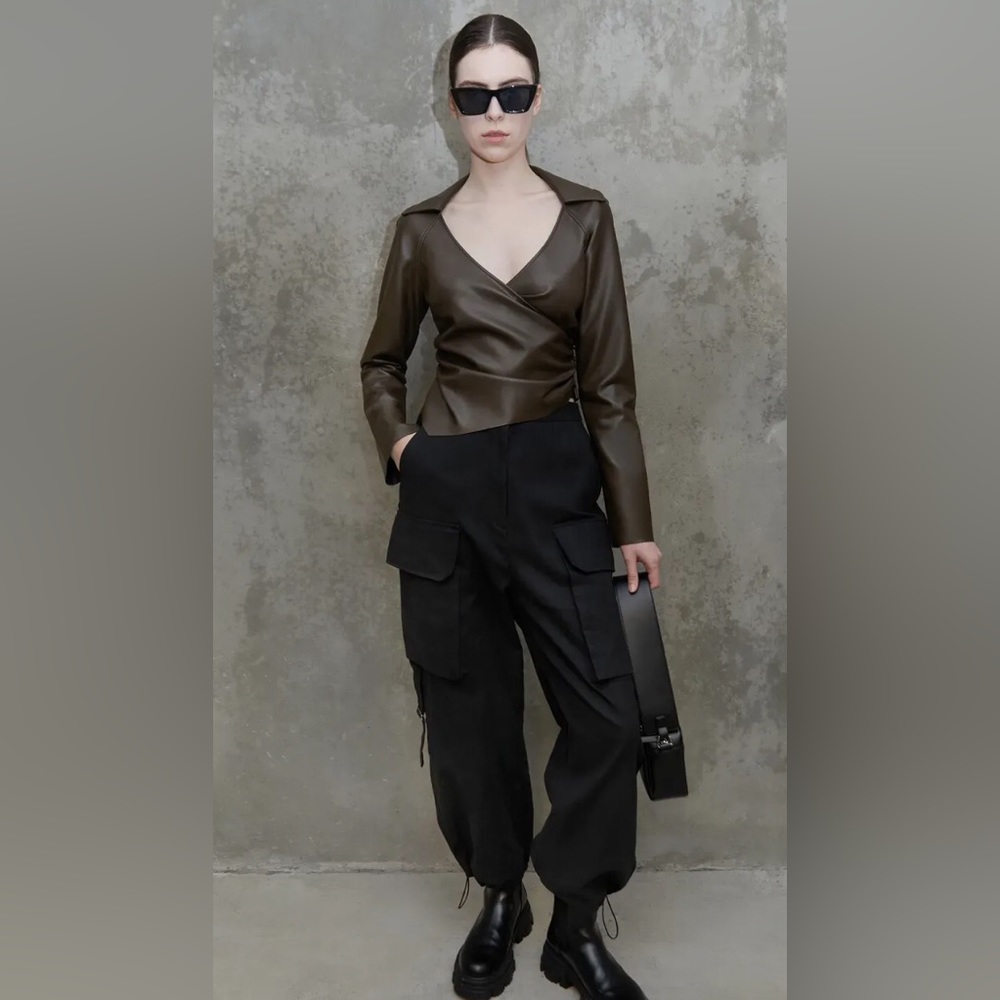 OAK & FORT brown vegan leather wrap top size small
